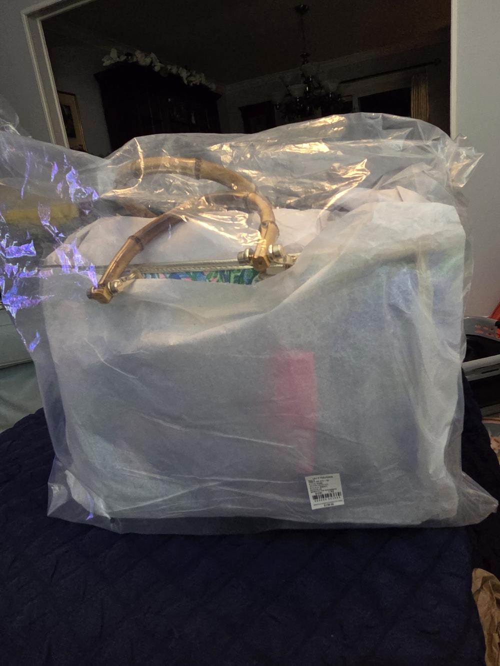 Lilly Pulitzer Blue Tote with Pink and Green Tropical Print - Picture 6 of 7